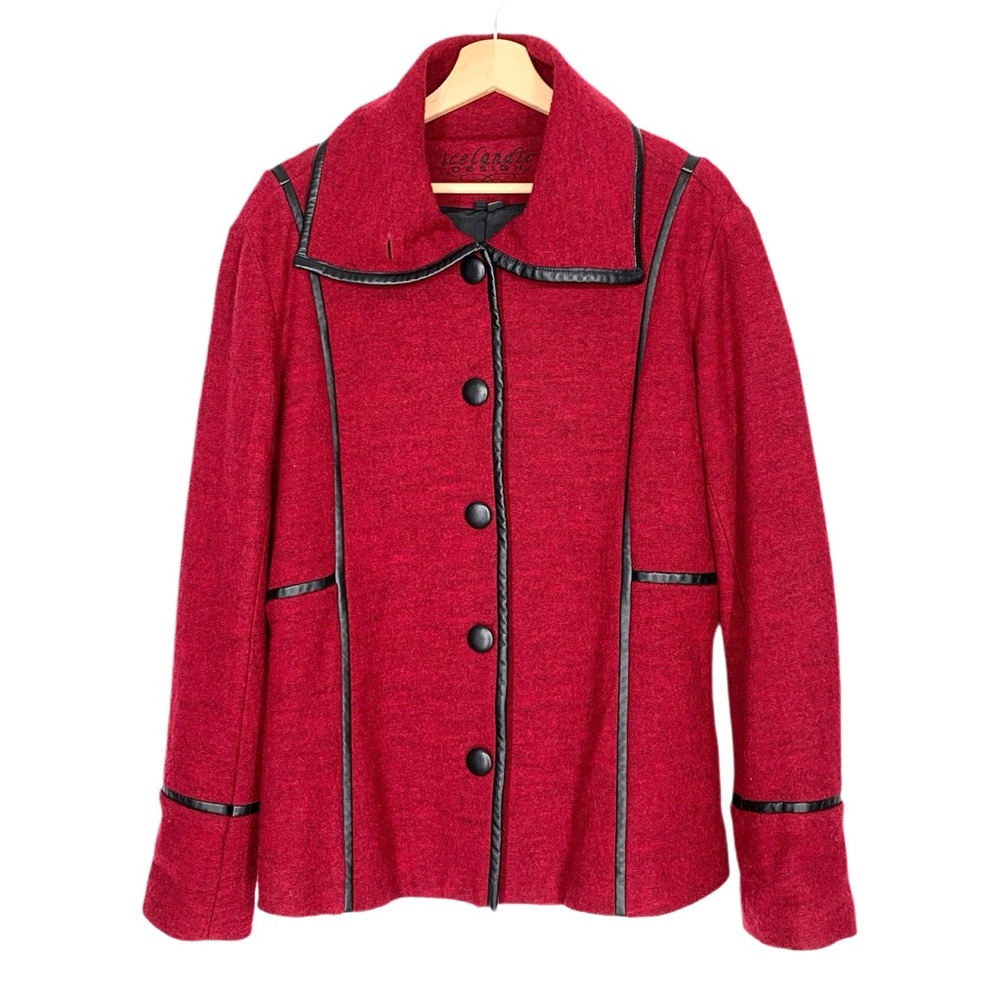 Icelandic Design Red 100% Wool Jacket Large Snap Closure Size Large